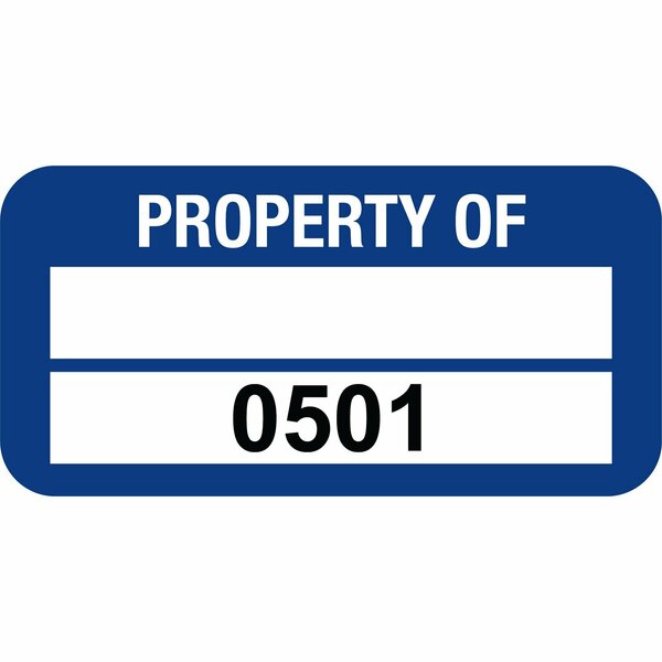 Lustre-Cal PROPERTY OF Label, Polyester Dark Blue 1.50in x 0.75in  1 Blank Pad & Serialized 0501-0600, 100PK 253772Pe2Bd0501